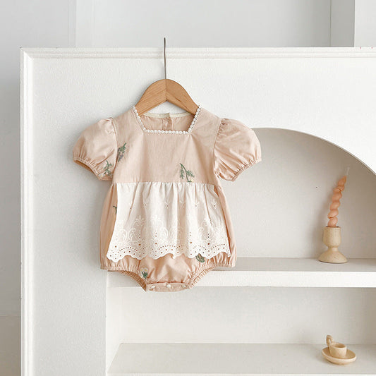 Summer Baby Girls French-style Flowers Embroidery Pattern Short-sleeved Onesies and Dress – Princess Sister Matching