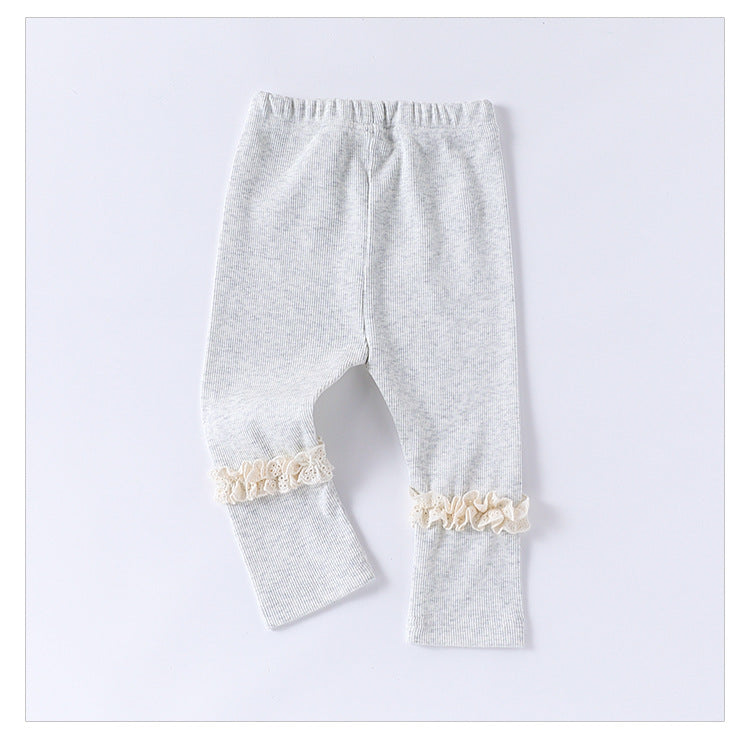 Children’s Spring Lace Trim Attached Breathable Pants for Girls – Home Trousers