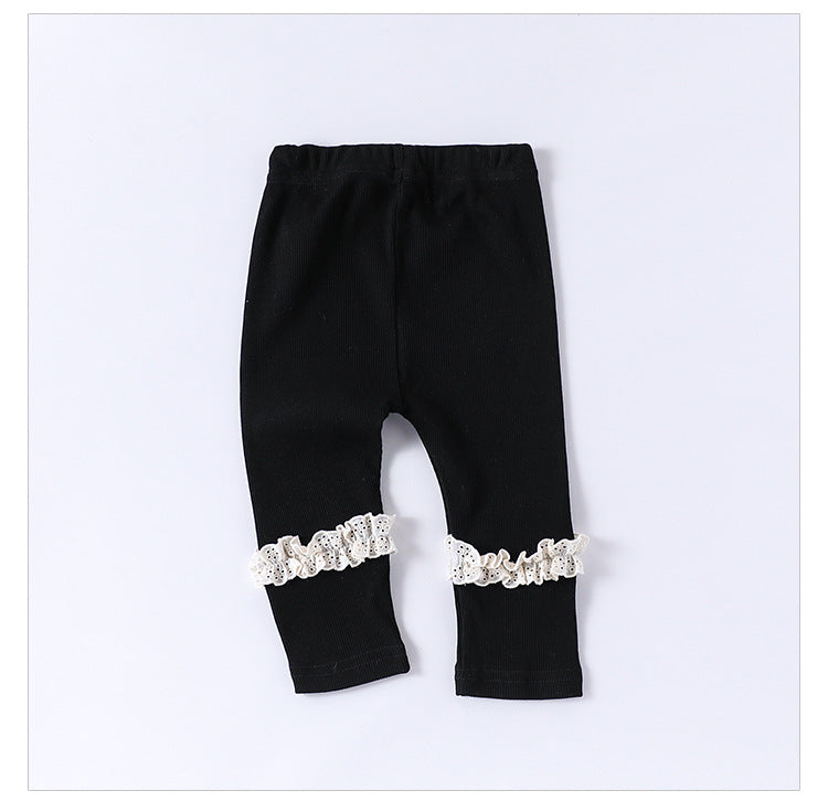 Children’s Spring Lace Trim Attached Breathable Pants for Girls – Home Trousers