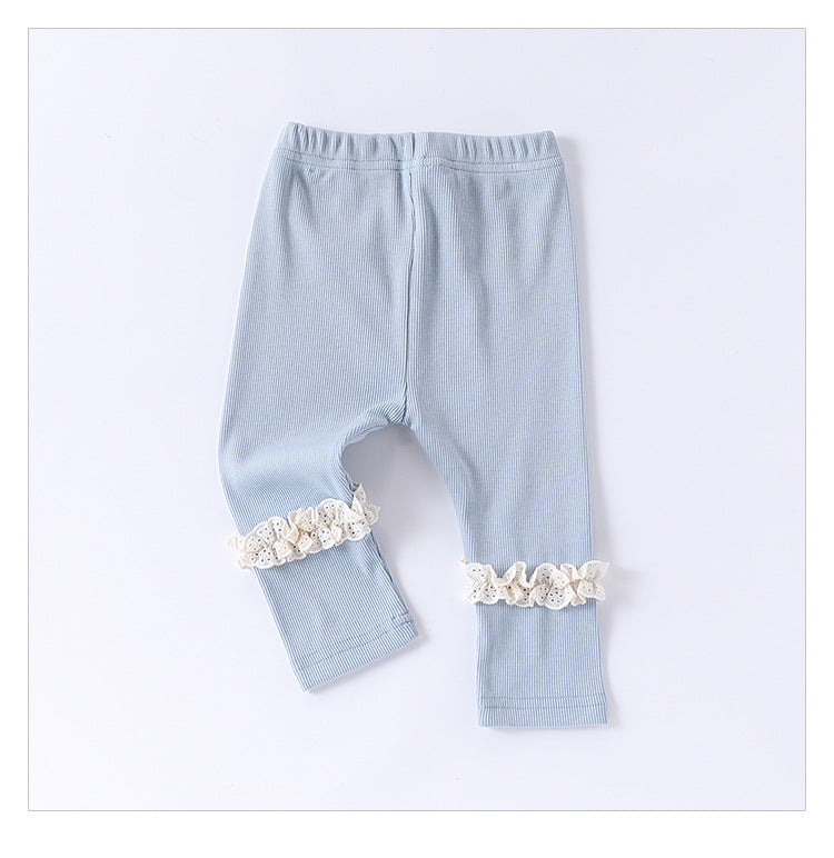 Children’s Spring Lace Trim Attached Breathable Pants for Girls – Home Trousers