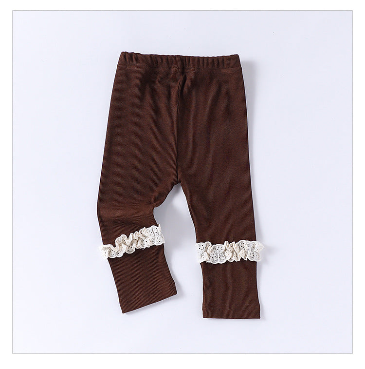 Children’s Spring Lace Trim Attached Breathable Pants for Girls – Home Trousers
