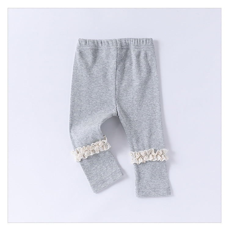 Children’s Spring Lace Trim Attached Breathable Pants for Girls – Home Trousers