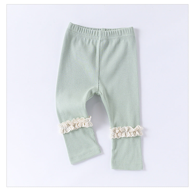 Children’s Spring Lace Trim Attached Breathable Pants for Girls – Home Trousers