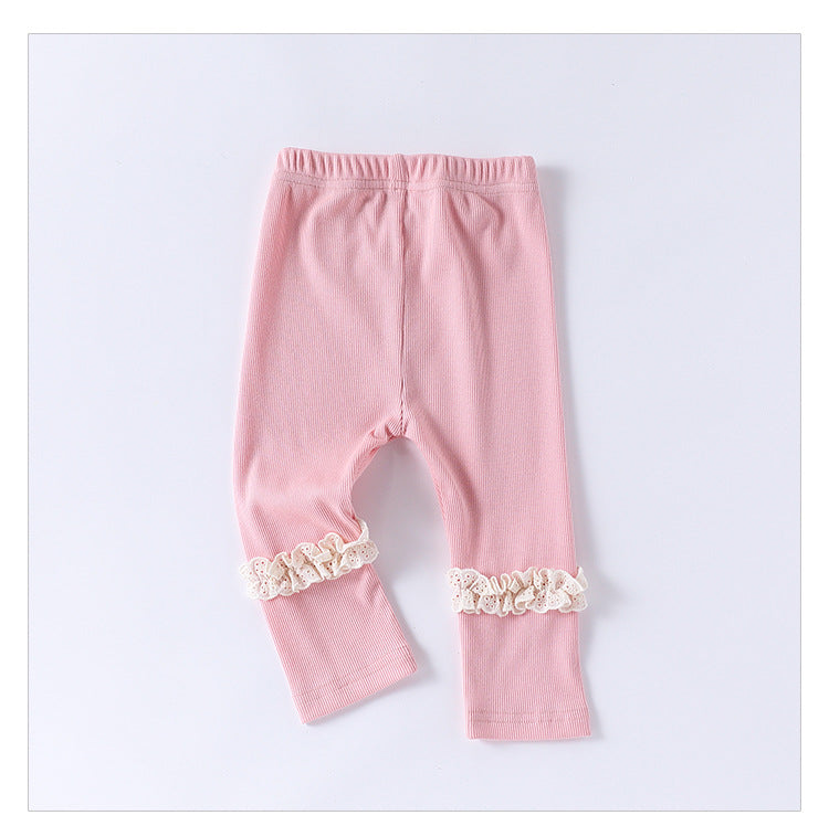 Children’s Spring Lace Trim Attached Breathable Pants for Girls – Home Trousers